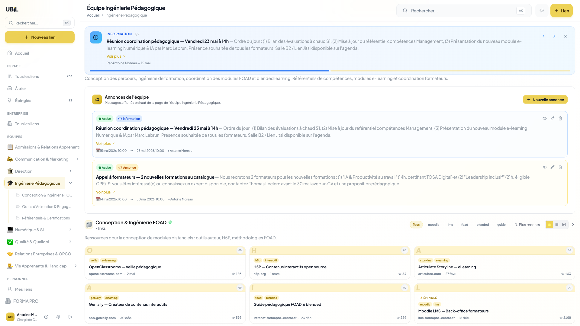 Vue équipe Ubil — activité et ressources spécifiques à l'équipe