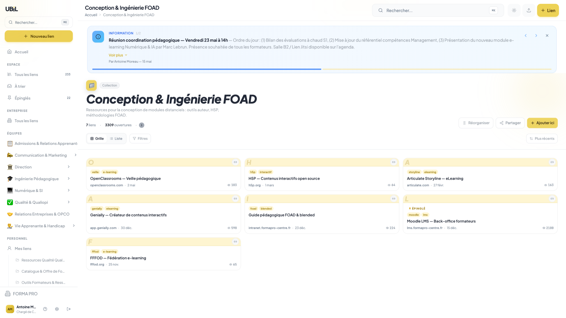 Vue collection Ubil — liens organisés par thématique en grille