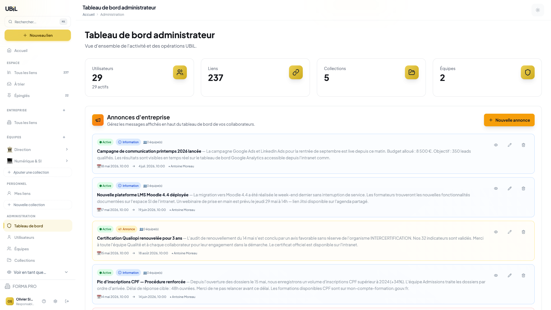 Tableau de bord administrateur Ubil — statistiques et gestion centralisée