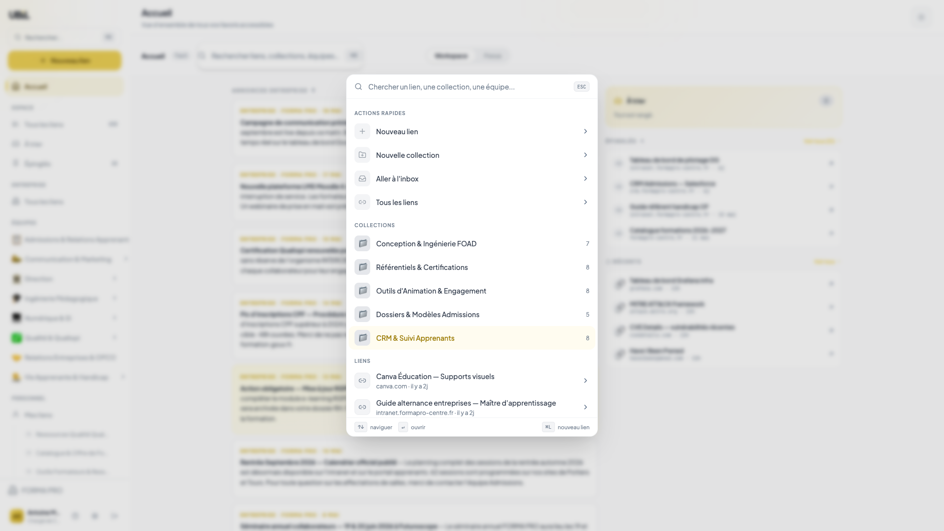 Palette de commande Ubil — navigation rapide vers collections et liens récents